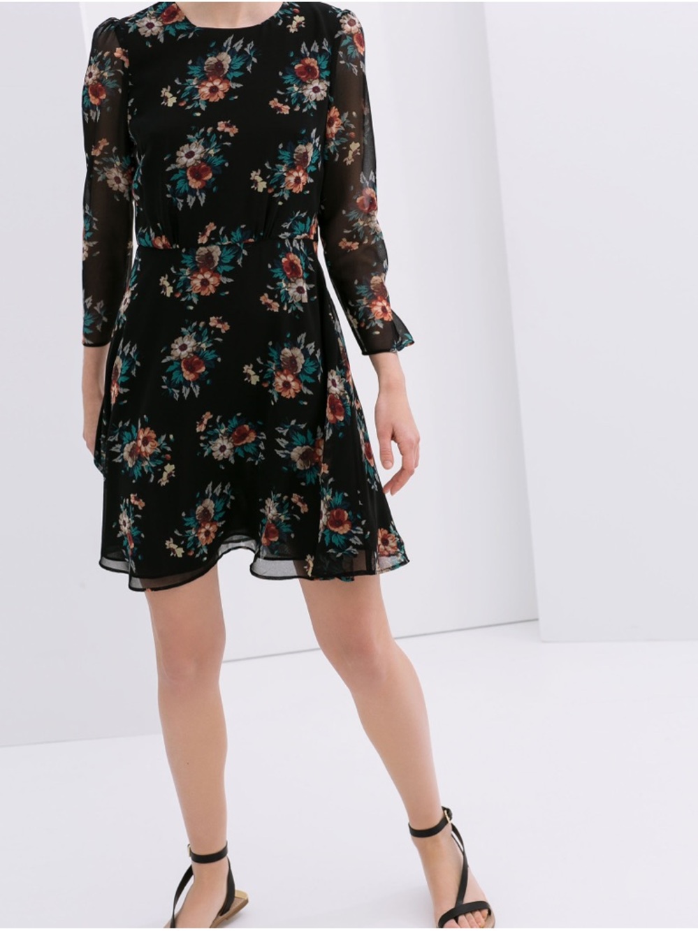 Zara Black Floral Mini Dress with Teal and Rust Accents